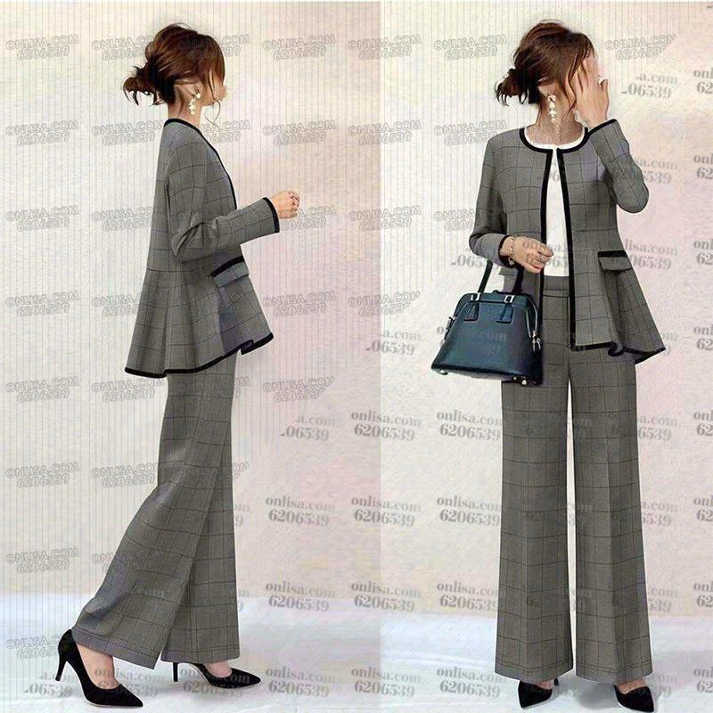 

Korean Style Plaid Pleated Jacket & Trousers Two-Piece Set M