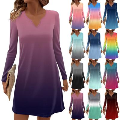Women's Long-sleeved Casual Midi Dresses V-Neck Print  Casual Dress