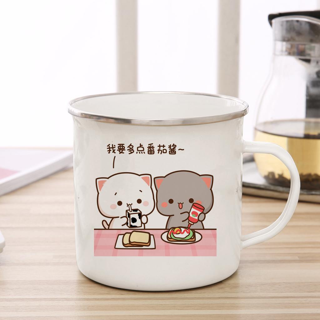 New Peach and Goma Cat Enamel Coffee Tea Cup Cute Animal Breakfast Dessert Milk Water Cup Couple Gift Original Breakfast Cups