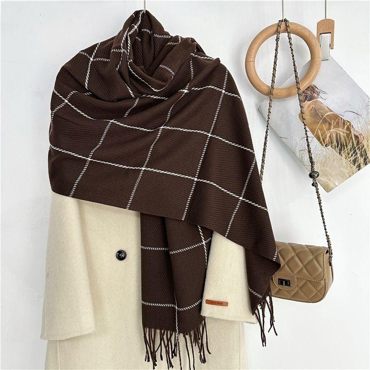 New Plaid Scarf for Women in Autumn and Winter Imitation Cashmere Korean Version Simple Versatile Warm Shawl Student Style Tassel Scarf