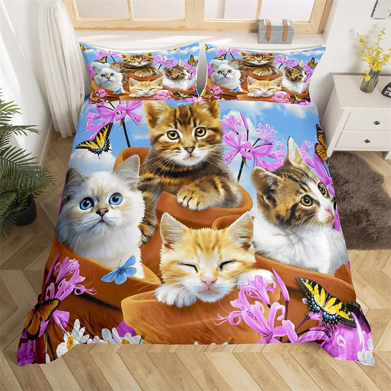 Set Husă Plapumă Pisică Copii Twin Full 3D Desene Animate Animal Set Lenjerie de Pat Microfibră Husă Plapumă Drăguță cu Animale de Companie Pentru Fete Băieți Iubitori de Pisici