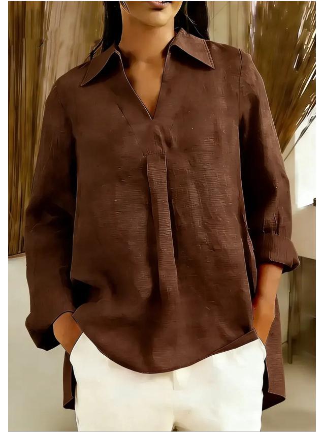 2025 European & Asian Solid Color V-Neck Lapel Long Sleeve Women's Casual Top