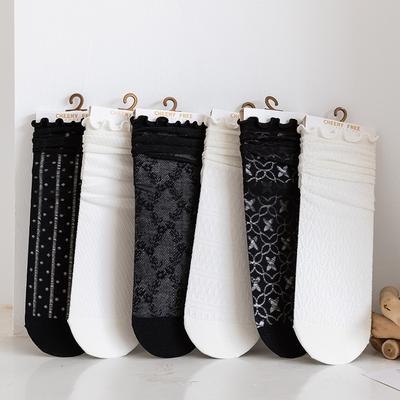 Socken Damen Spitze Schwarz und Weiß Mittelhoch Frühling und Sommer Mesh Dünn, Atmungsaktiv Schwarzfußspitze Trendy Jk Frotteesocken