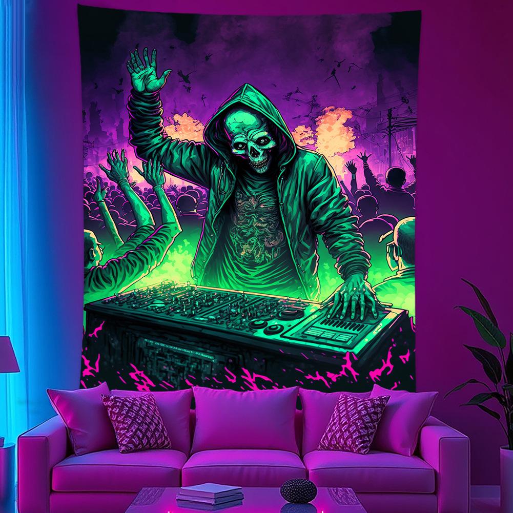 DJ Skeleton Mushroom Wall Tapestry Psychedelic UV Reactive Print Wall Hanging for Bedroom Dorm Home Decor 100X70CM