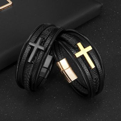European and American Multi-layer Leather Bracelet with Magnetic Clasp - Men's Handwoven Design