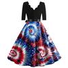 Women Vintage Dress with Scalloped Neckline Half Sleeve Star Print High Waist Tie Back Retro Style