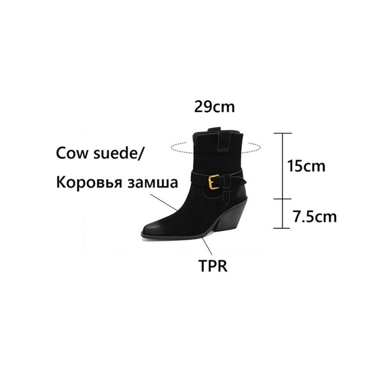 Fashion NEW Autumn Women Boots Pointed Toe Chunky Heel Shoes Cow Suede Leather Shoes for Women Casual Slip-on Western Boots Daily Shoes