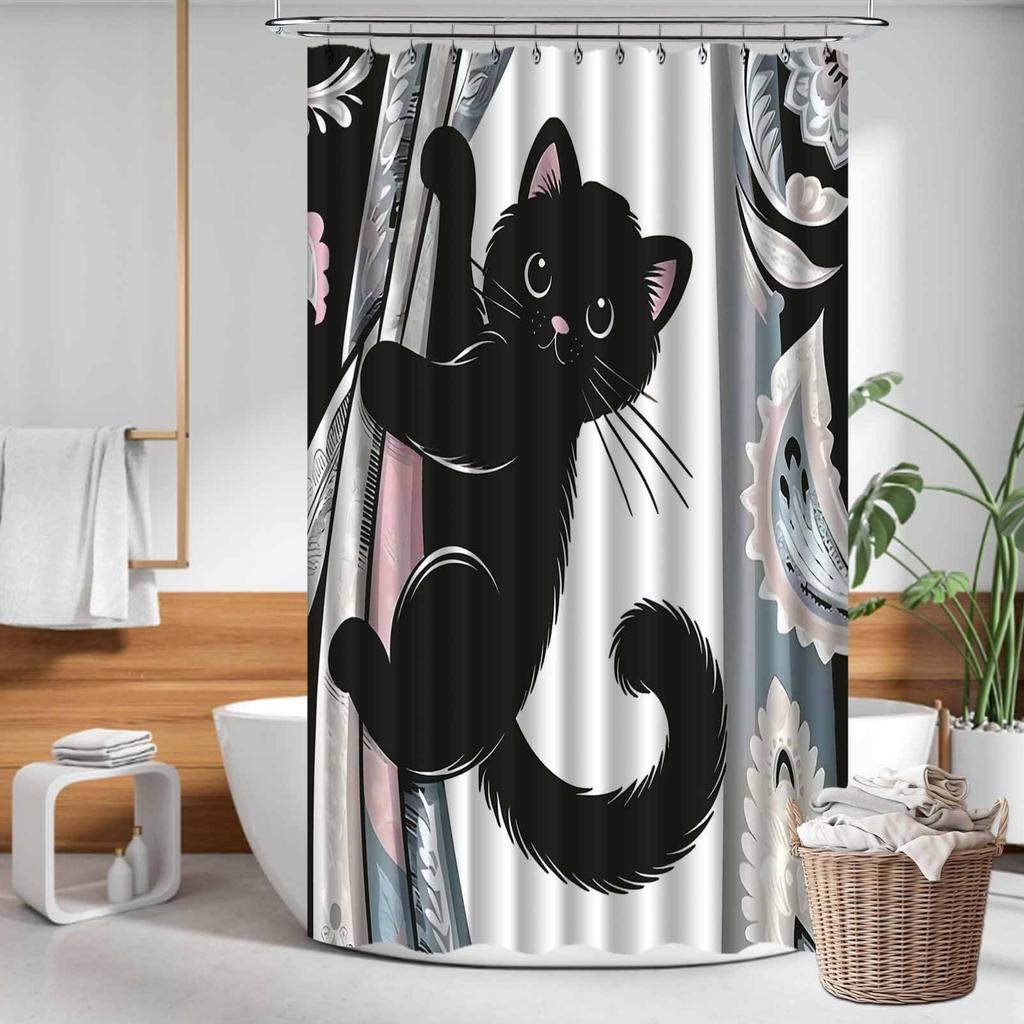VIKAMA Cartoon Big-Eyed Black Cat Shower Curtain Machine Washable Easy Care Nordic Modern Minimalist Bathroom Style