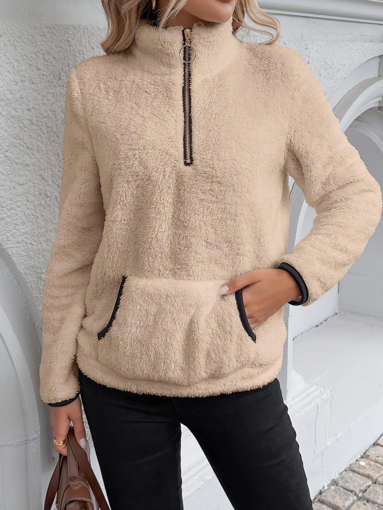 2026 Women's European & American Autumn/Winter Plush Sweatshirt with Semi-High Neck and Zipper Pockets