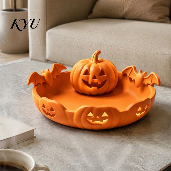 Party Food Display Tray Halloween Pumpkin Tray, Bat Relief Candy Holder, 3D Printed Holiday Gift for Desktop Storage Bowl, Spooky Tabletop Ornament