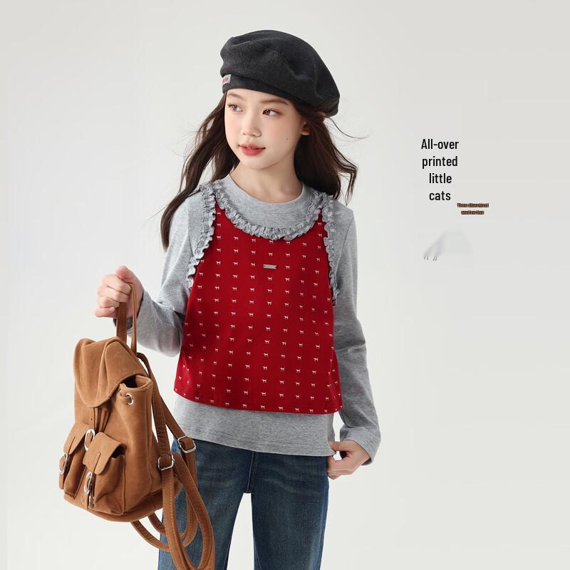 Girls' Faux Two-Piece Lace Trim Long Sleeve T-Shirt