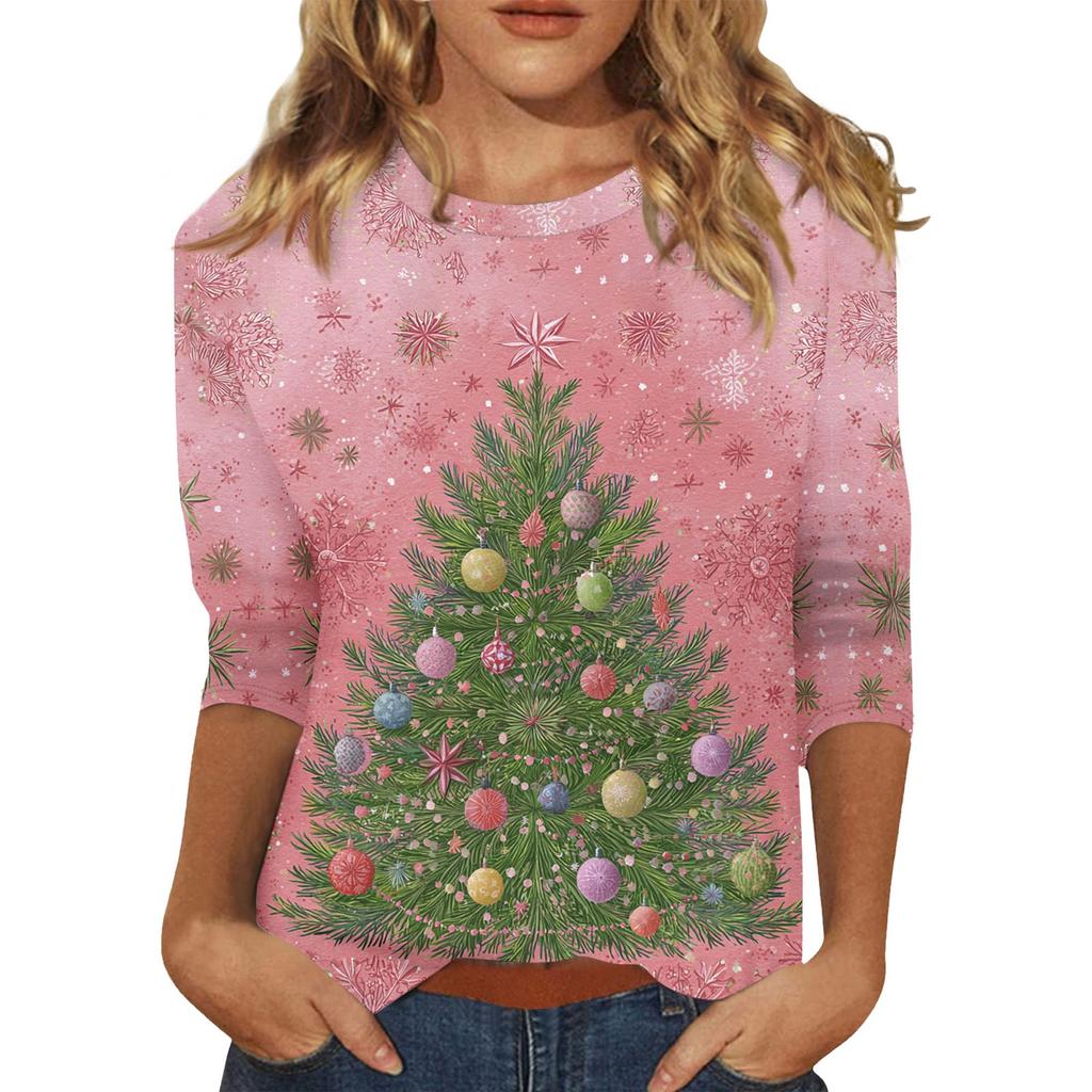 Women's O-Neck 3/4 Sleeve Christmas Print Top