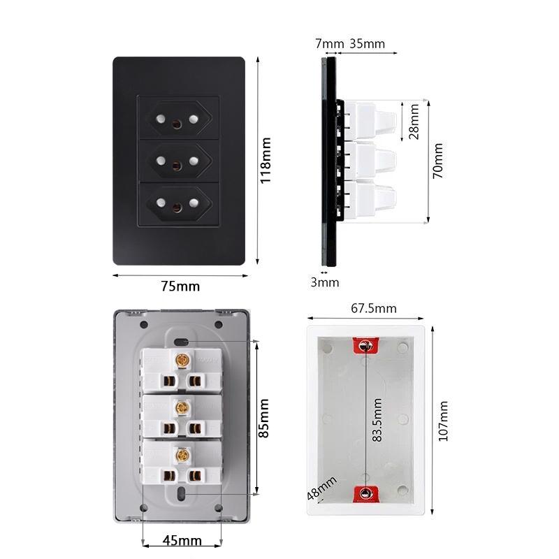 Brazil Standard 20A Wall Power Socket PD 3.0 20W Type-C Dual USB Fast Charge Outlet 118*75mm Flame retardant PC panel Usb Socket
