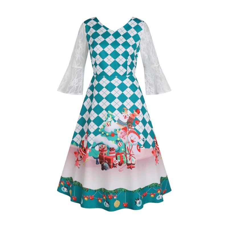 

Британская ретро юбка V-образный вырез расклешенная рукав средней длины полосатая клетчатая этнический принт А-силуэт XXL синий