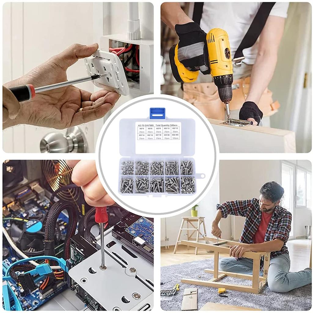 Samcos Machine Screw 180 M3 Stainless Steel Screws and 160 Hex for Precision Machinery and Set Storage Set, Cross-Recessed Nuts, Corrosion-Resistant,