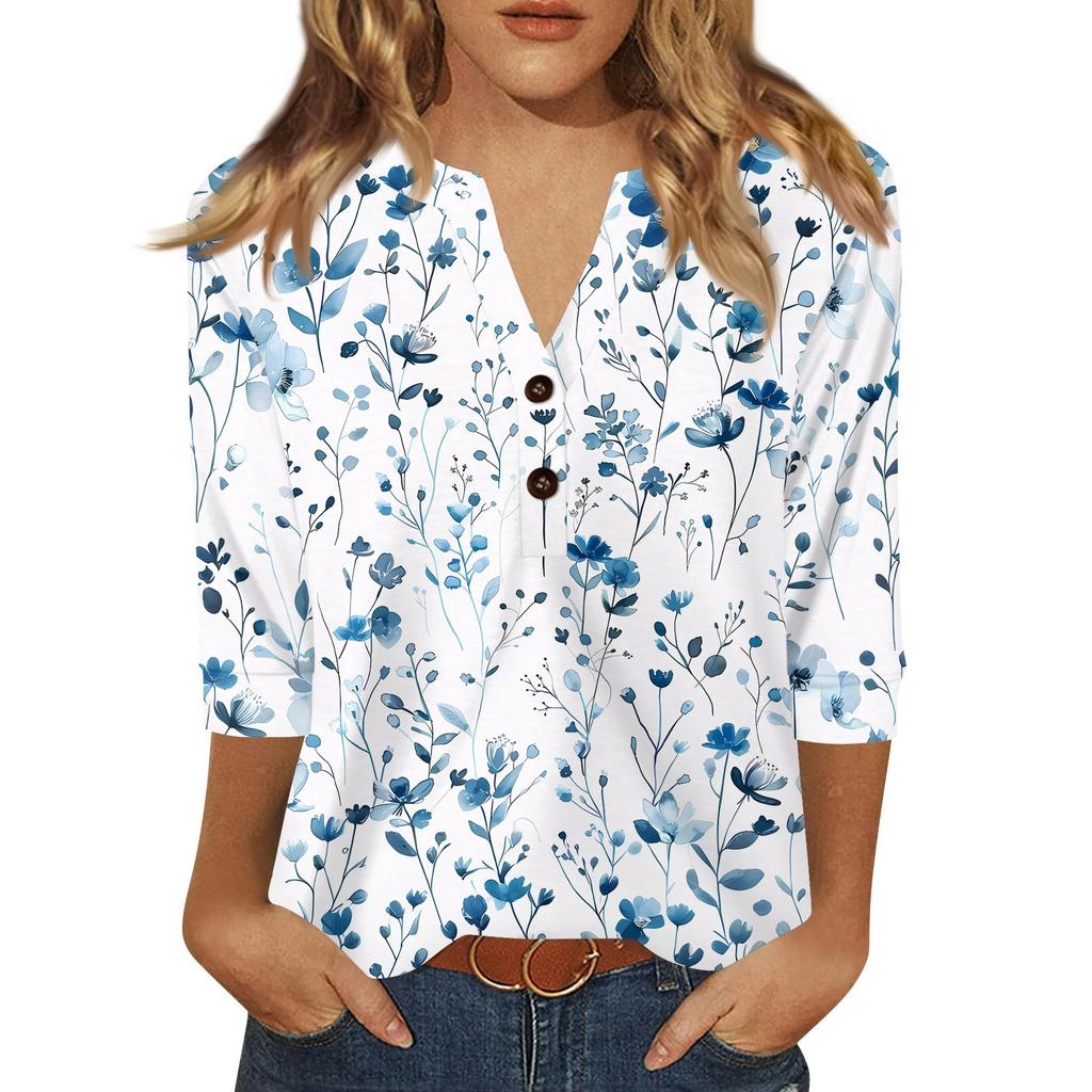 Women's T Shirt Print Button 3/4 Sleeve Daily Weekend Fashion Basic V- Neck Regular Top