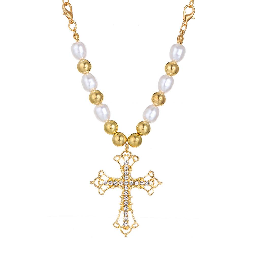 Full Diamond Cross Pearl Necklace ISN Style Hip Hop Niche Personality Punk Summer New Accessories