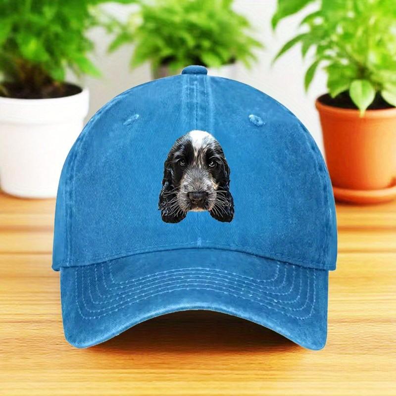 Cute Dog Print Washed Denim Baseball Cap Adjustable Curved Brim Outdoor Breathable Hat