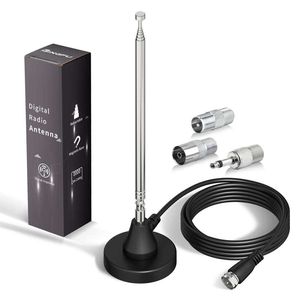 BINGFU FM Radio Antenna Digital Telescopic Indoor Antenna Magnetic Base 3m Extension Cable 75 Ohm for FM Radio Tuner Stereo AV HiFi Receiver
