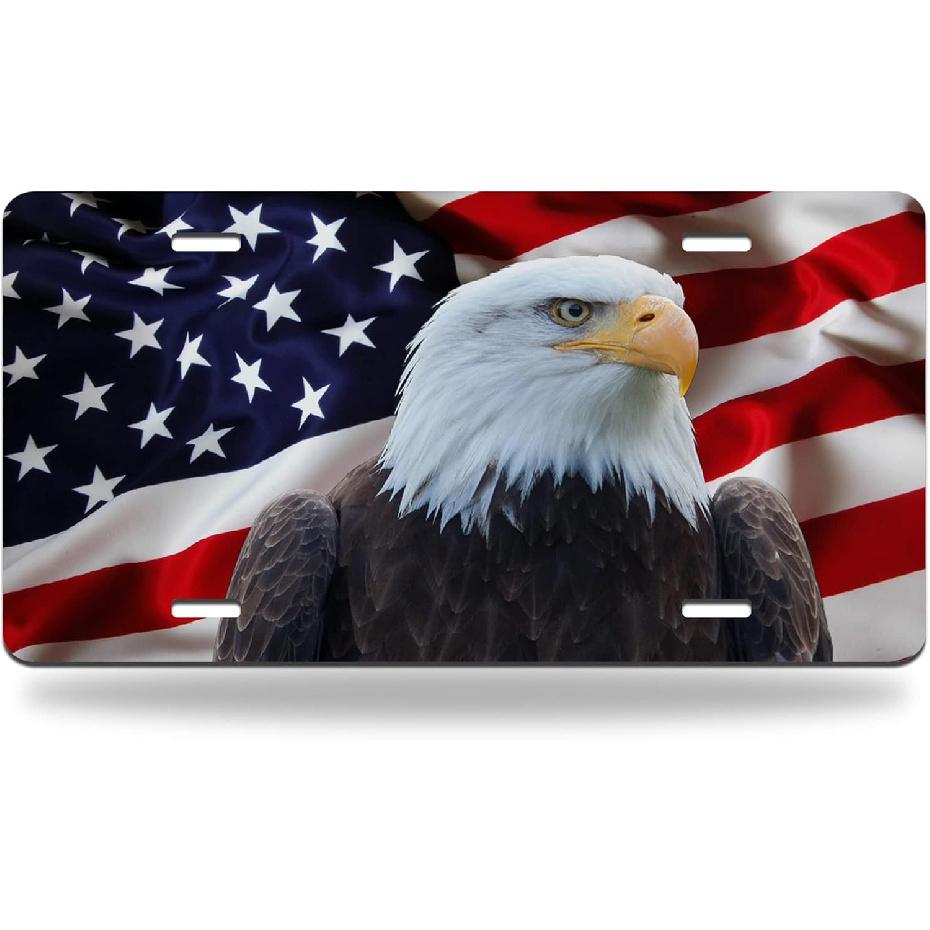 License Plate The American Flag With Bald Eagle Aluminum Metal Car Tag United States National Patriotic Symbol USA Flag White Wildlife Durable