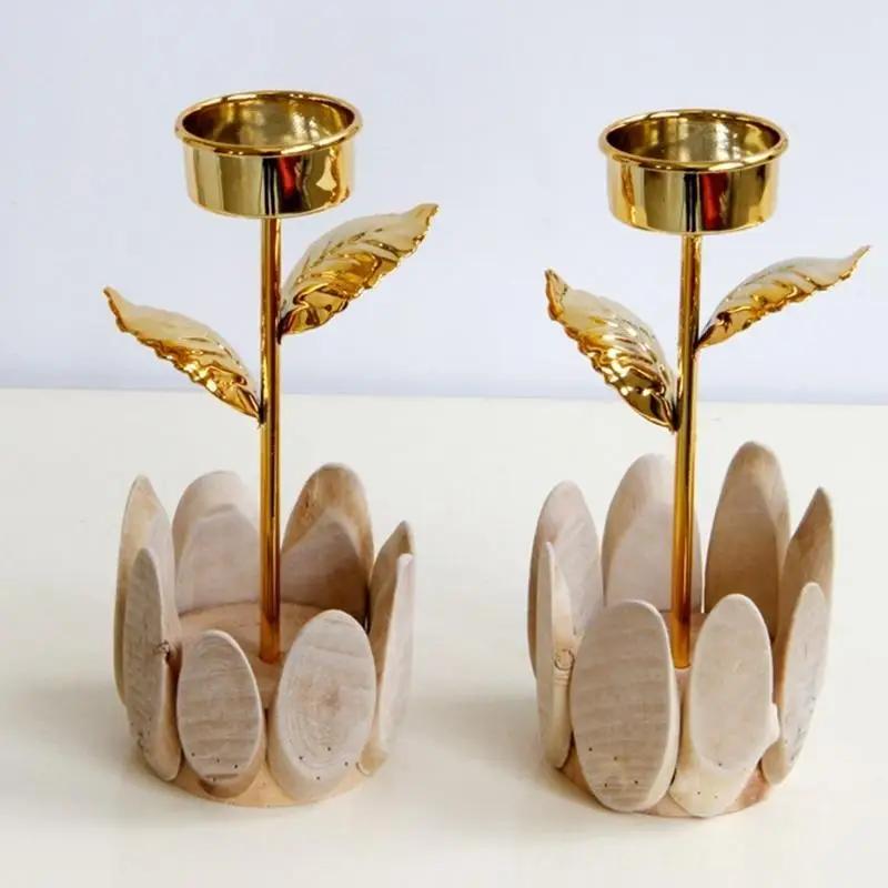 Metal Candle Holder Stand Candlestick Christmas Golden Rose Floral Wooden Base Wedding Table Decoration Home Desk Decor