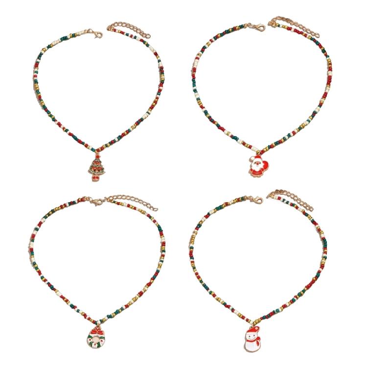 Women's Bohemian Choker Necklace Handmade Christmas Tree and Snowflake Pendant Necklace Colorful Beads Designs