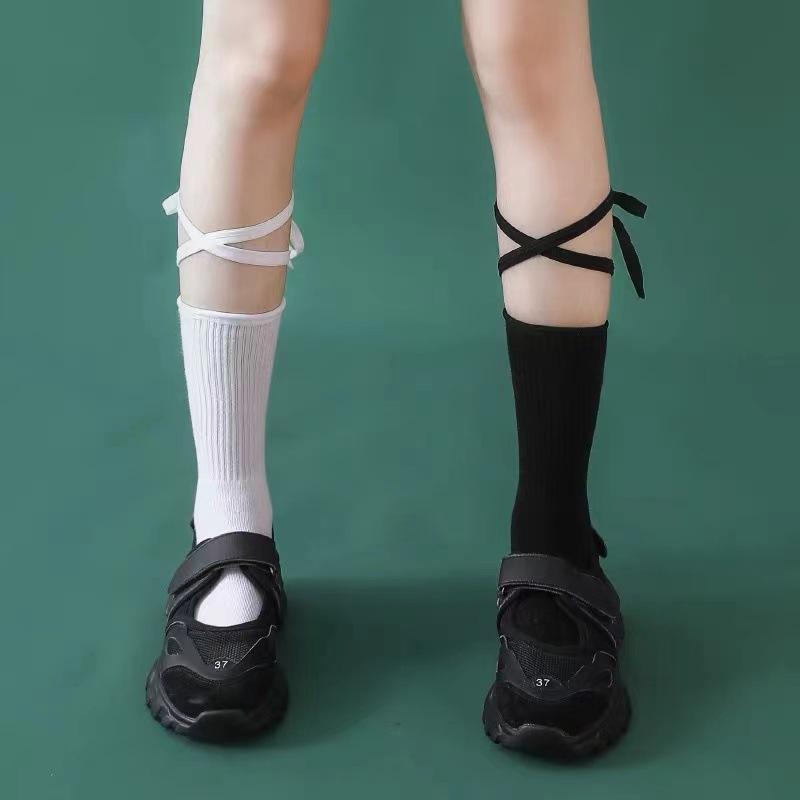 Spring And Autumn Tide Niche Design Cross Calf Tie Black Medium Tube Women'S Summer Cotton Long Socks Strong Pressure Thin Leg Socks