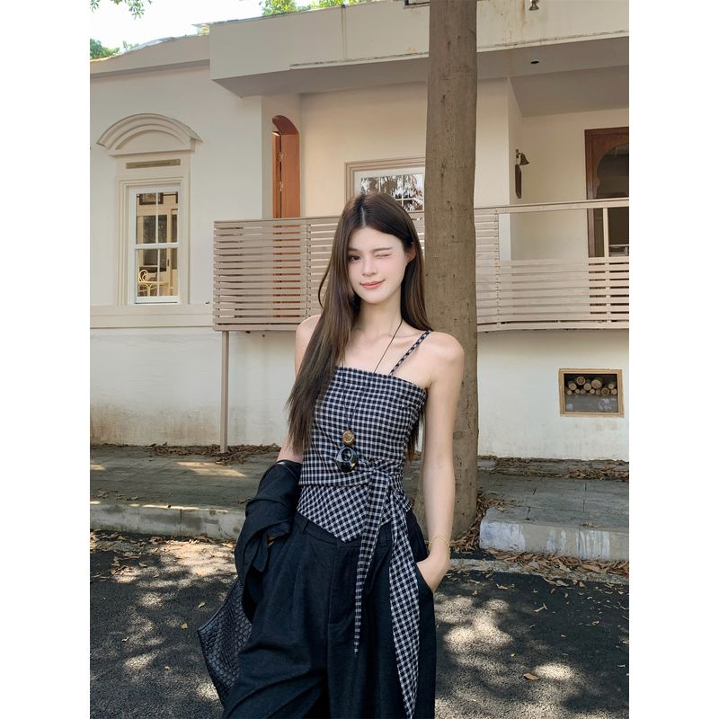 Retro Cardigan Short Outerwear Plaid Sling Vest Suit Women Autumn Straight Wide Leg Pants Casual Pants Three-Piece Suit