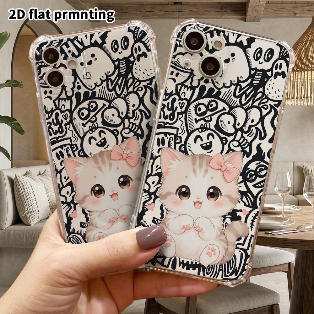 Phone Case: 2D Flat Suitable for iPhone 18 17 16 15 14 13 Pro, Transparent Four Corner Protective Case, Light Gray Kitten, Christmas and Halloween Gif
