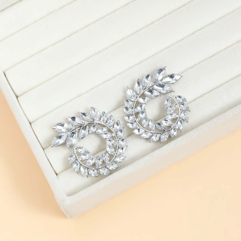 Luxury Full Rhinestone Leaf Stud Earrings For Women Exaggerated Big Circle Round Statement Earrings Wedding Jewelry Gift