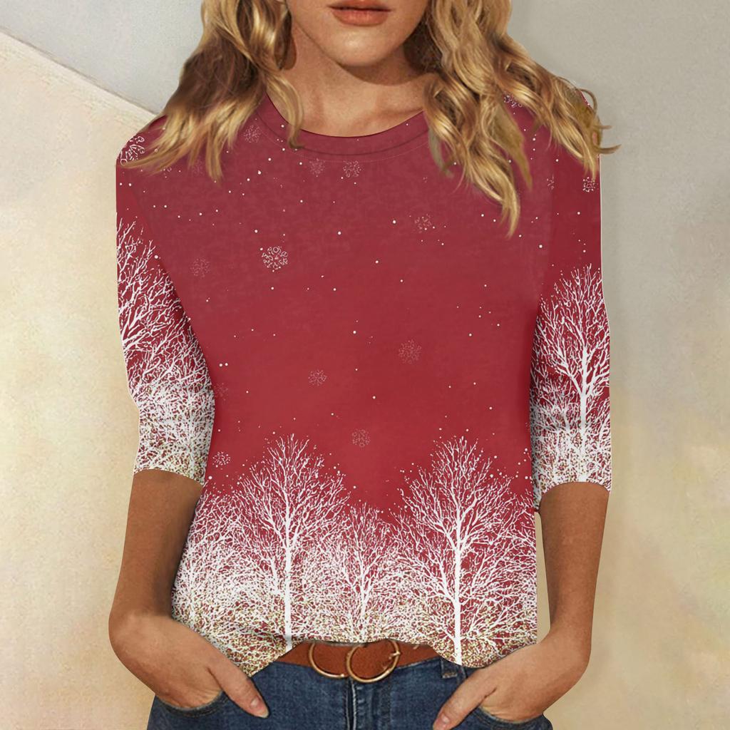 Women's Casual Fashion Christmas Print Three-Quarter Sleeve Top