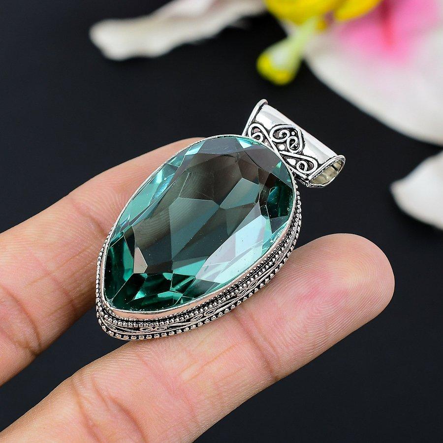 Aqua Apatite Gemstone Handmade 925 Sterling Silver Jewelry Pendant 2.56" KG-108