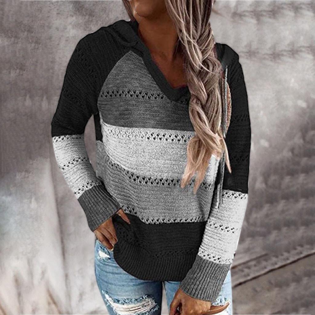 Frauen Mode Hallow Out Tops Casual Patchwork V-ausschnitt Lange Ärmel Kapuzenpullover