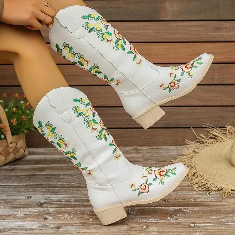Fashion 2024 New Women's Shoes Embroidery Women's Boots Fashion Slip-on Modern Boots Women Square Toe Keep Warm Knee-High Shoes Female