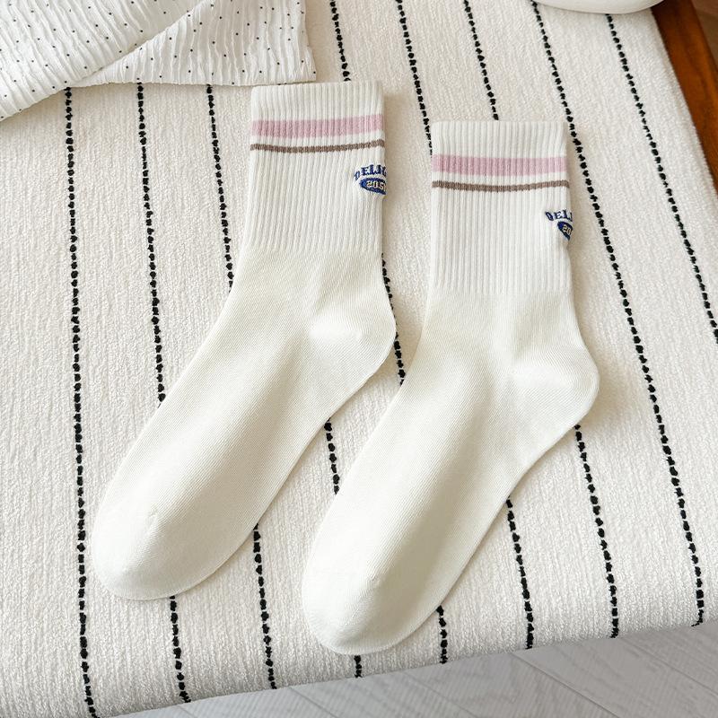 

Sports Socks - Children s Spring/Summer Mid-Length Socks with Letter Embroidery on The Back and Trendy Stripes - No Ribbing 1 pair розовый