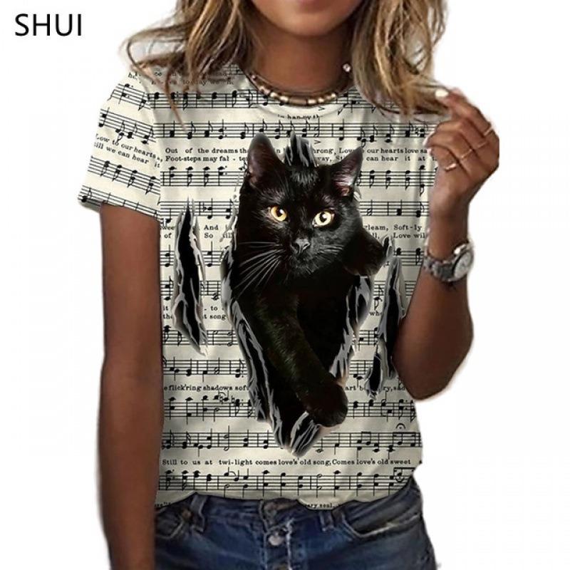 Animal Series Digital 3D Printed Men's Women's Short Sleeved T-shirt Cute Cat Round Neck Base Top