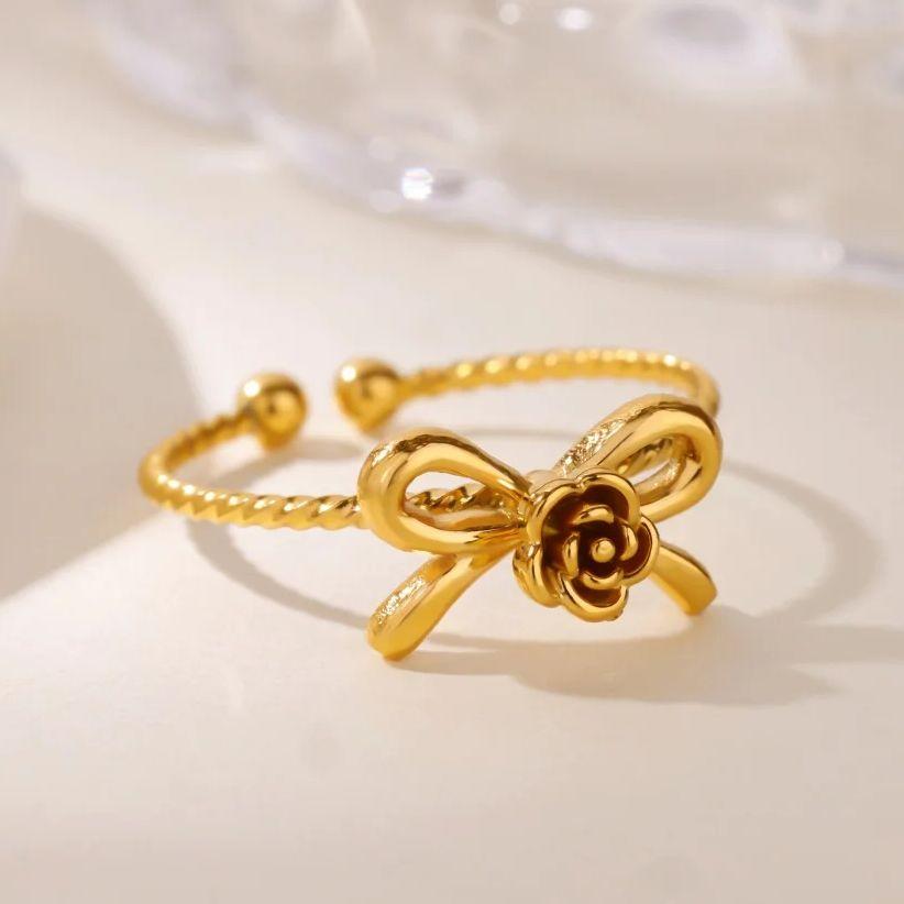 Exquisite Bow & Rose Rings For Women Gold Color Stainless Steel Opening Ring Handmade Daily Wear Jewelry Gift