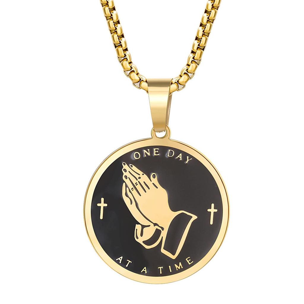 Stainless Steel Round Pendant Necklace, Steel Praying Hand Round Pendant Necklace, for Both Men and Women