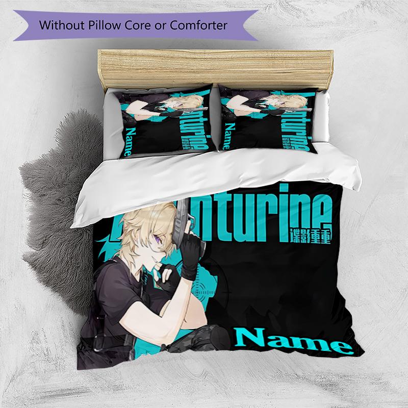 3pcs Custom Name Anime Honkai Star Rail Aventurine Bedding Set Duvet Cover Closure Includes 1 Duvet Cover & 2 Pillowcases for All Seasons Bedroom Deco