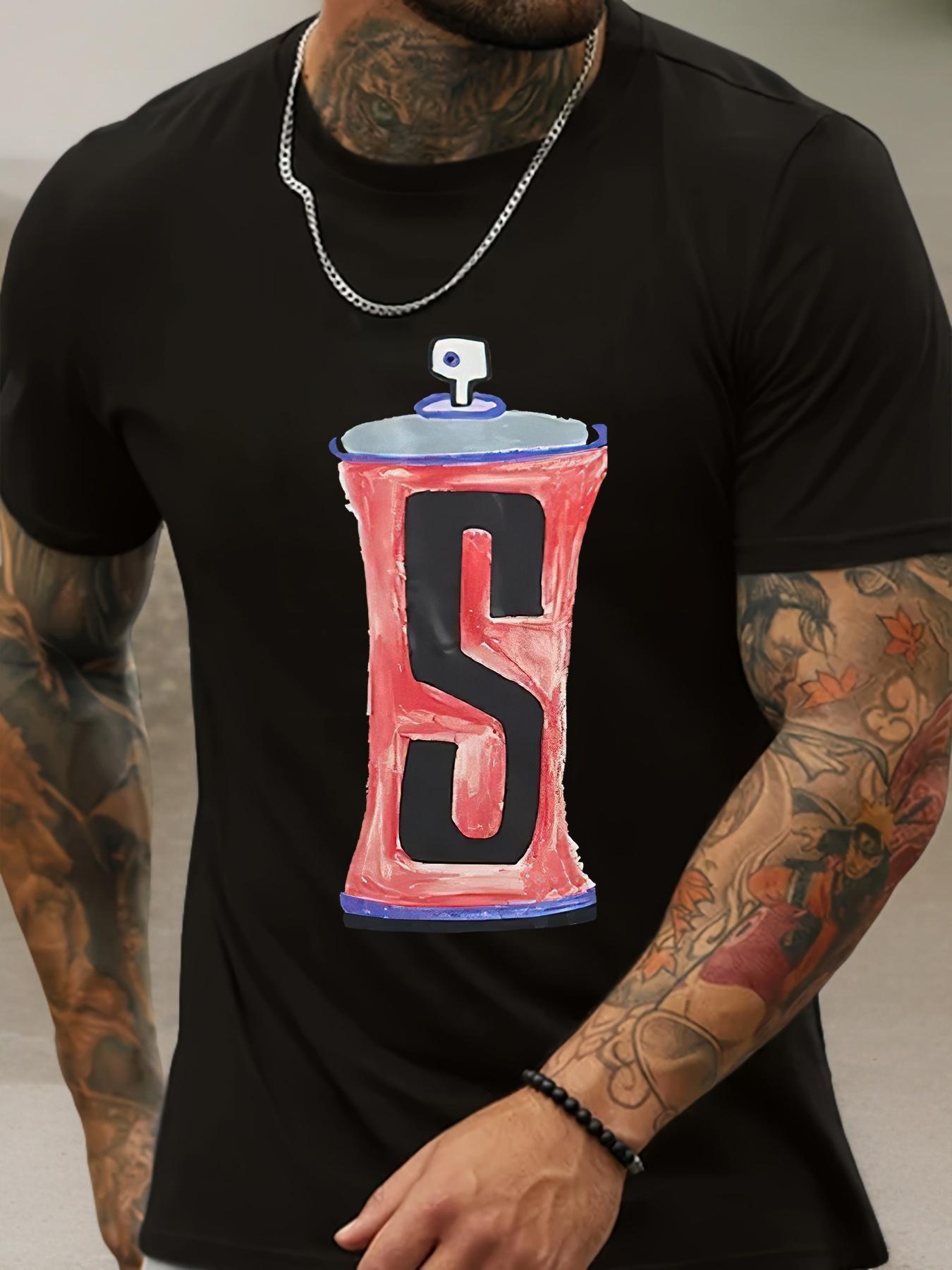 Black Cotton Graphic T-shirt with Bold Red & Blue S Letter Print - Short Sleeve Round Neck S