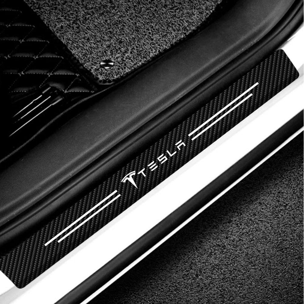 AMG1 4Pcs Carbon Fiber Leather Car Door Sill Strip Badge Sticker For Tesla Model 3 Model S X Model Y Roadster Cybertruck Coil SpaceX