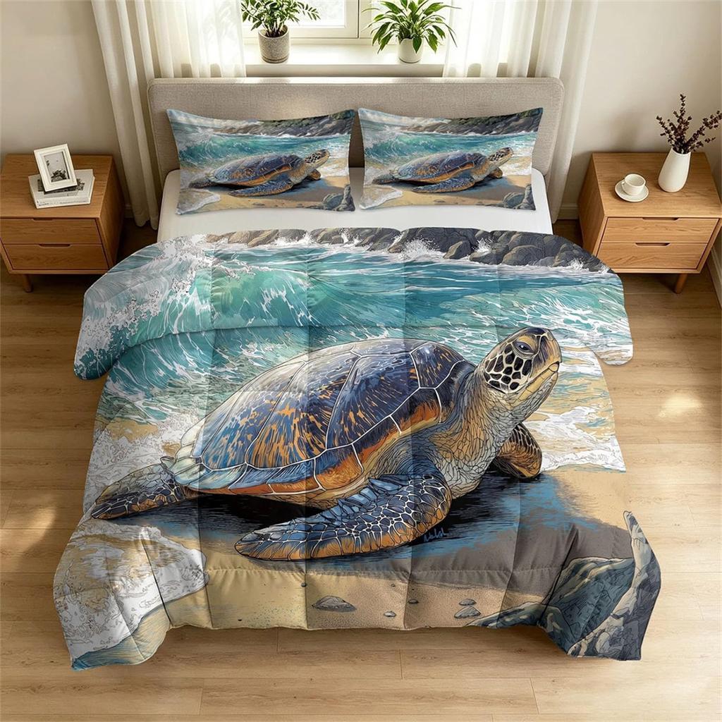 Marine Animals Turtles 2-Piece Bedding Set for Kids Boys Girls, Soft Microfiber Quilt Cover with Zipper Closure with Pillowcases
