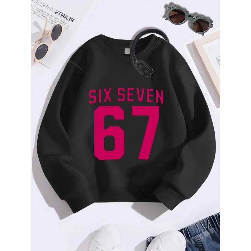 Unisex Kids Pink Crewneck Sweatshirt For 4-12 Girls Bold Magenta SIX SEVEN Large Number 67 Varsity Font Print Soft Fleece Long Sleeve Pullover