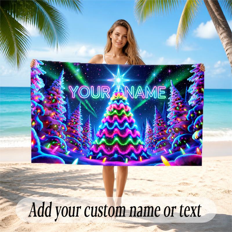 Christmas Theme Quick Dry Beach Towel Custom Name Text Print Large Sand Resistant Towel Beach Vacation