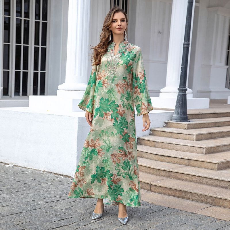 

Magic Queen Middle East Romantic Maple Leaf Print Light A- line Robe Dubai Indonesia Tourism Dress Dress Green M