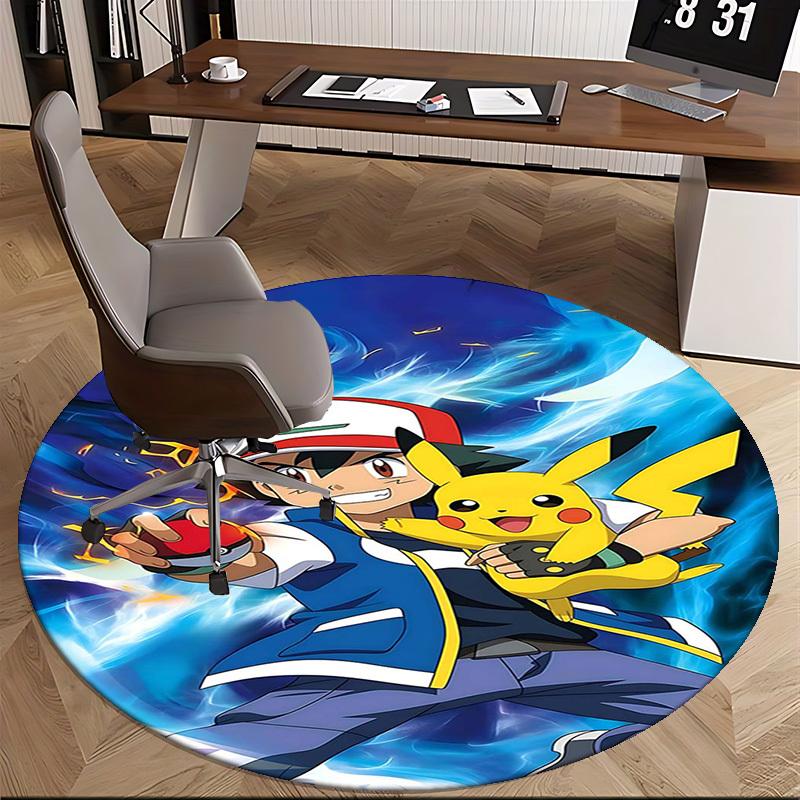 1pc Pokémon Pikachu & Ash Anime Design Round Carpet - Office Chair Mat, Non-Slip Rug for Home Decor, Living Room