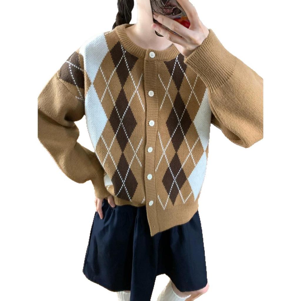 Korean Style Retro Diamond Knit Cardigan: Women's Autumn/Winter Fluffy Color Block Sweater Coat
