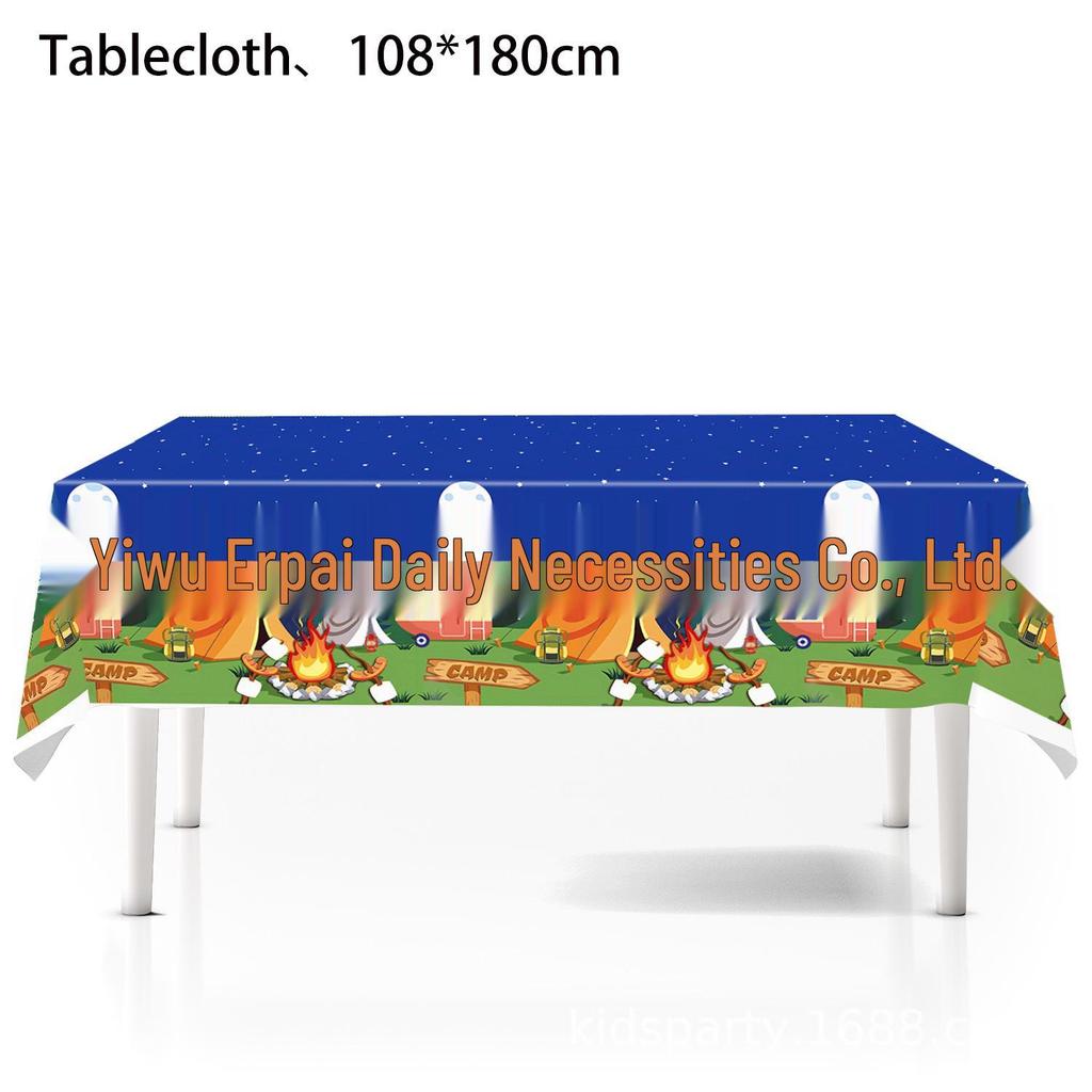 Camping-Themed Birthday Party Disposable Tableware Set: Plates, Cups, Napkins, Tablecloth, Cutlery.