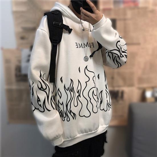 Men Autumn Hoodie Flame Print Hooded Hat Long Sleeves Soft Warm Loose Hip Hop Style Winter Hoodie for School