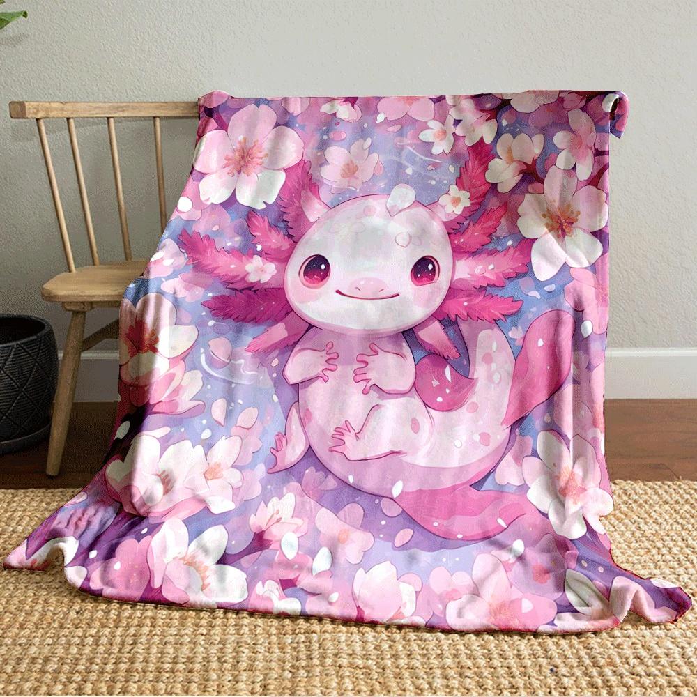 Ein niedlicher rosa Axolotl, umgeben von blühenden Kirschblüten. Decke für alle Jahreszeiten Mittagspause Überwurf Geschenk